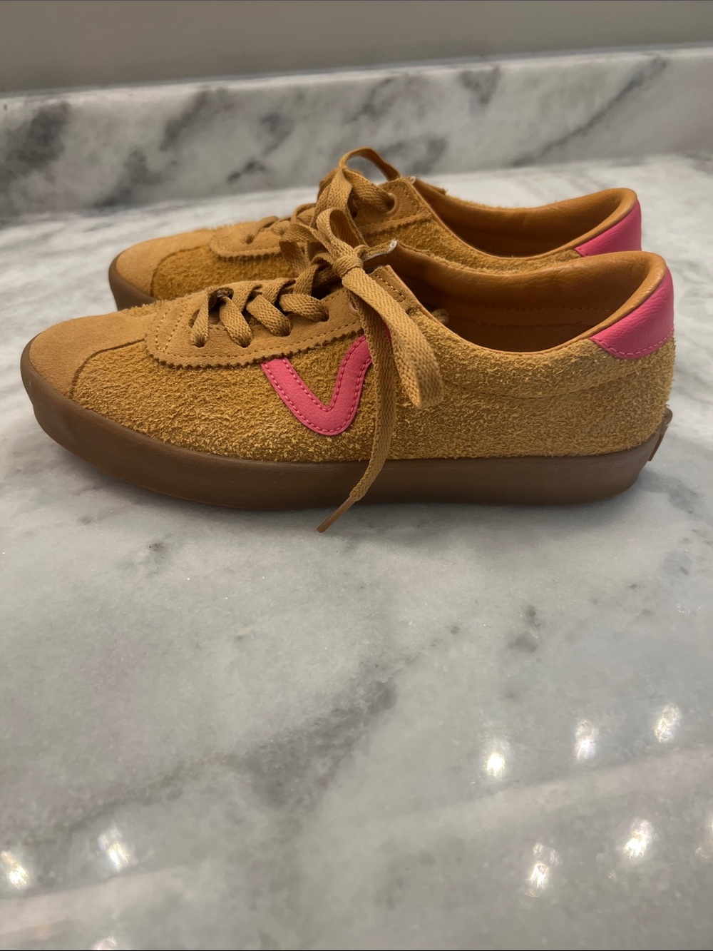Vans Mustard Suede Sneakers with Pink Accent